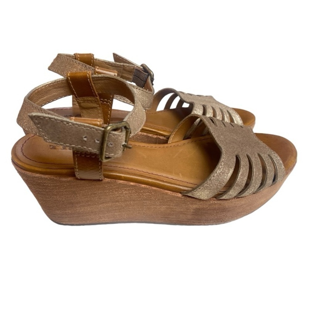 Trask Taupe Glittery Gold Strappy Platforms Leather Wedge Heel | Size: 8